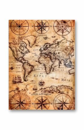 Vintage map of the world with wind rose and compass on old paper