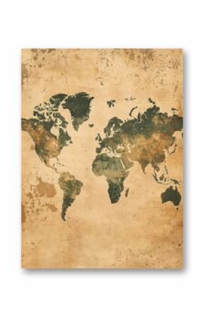 Vintage map of the world with a rustic texture, suitable for educational or travelthemed wall art.