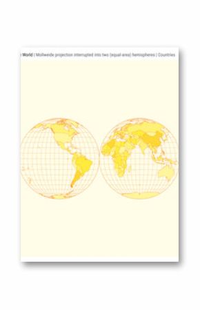 World Map. Mollweide projection interrupted into two (equal-area) hemispheres. Countries style. High Detail World map for infographics, education, reports, presentations. Vector illustration.