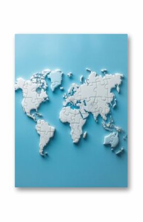A world map with puzzle pieces fitting together, representing global investment opportunities and portfolio diversification, on a light blue background.