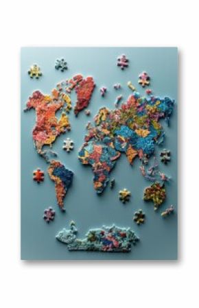A world map with puzzle pieces fitting together, representing global investment opportunities and portfolio diversification, on a light blue background.