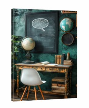 A green room with a desk and a chair. A globe sits on the desk. A chalkboard with a speech bubble on it hangs on the wall