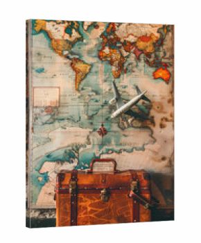 A classic suitcase and an airplane model rest on a detailed vintage world map