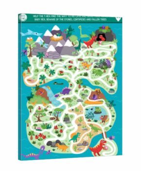 Dinosaur maze for kids with cute animals and ancient world landscape or map. Prehistoric preschool printable activity. Dino land labyrinth game, puzzle. Help T-rex bring food to his baby