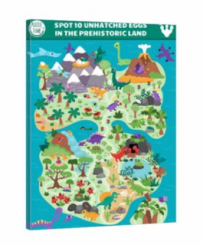 Vector dinosaur searching game with prehistoric continent map landscape. Spot hidden eggs in picture. Ancient world seek and find educational printable activity for kids with T-rex, triceratops