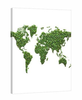World map made of lush green foliage on a white background.