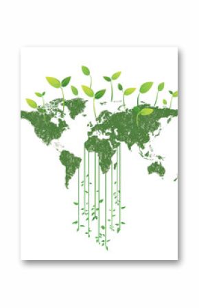 Green world map with sprouting plants, isolated white background.