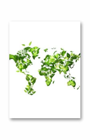 World map created with green leaves on a white background.