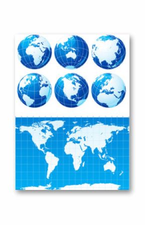 Vector set of  World map  and six globes