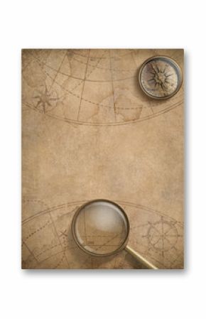 old nautical map with compass and loupe