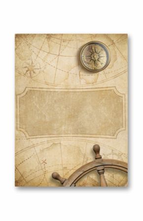 old nautical map with compass and steering wheel