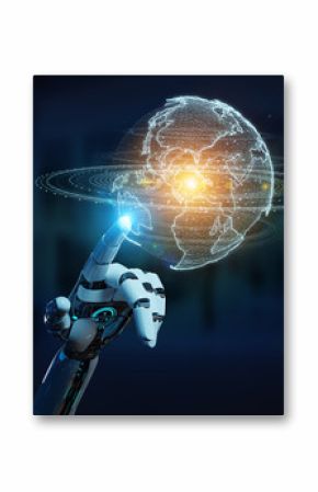White robot hand using globe network hologram with America Usa map 3D rendering