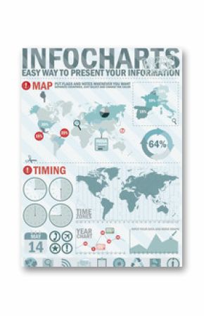 Infochart creative pack. Easy assembling elements for presentation and graph. Including world map, time zones map and set of business related icons