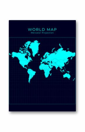 Map of The World. Spherical Mercator projection. Futuristic Infographic world illustration. Bright cyan colors on dark background. Trendy vector illustration.