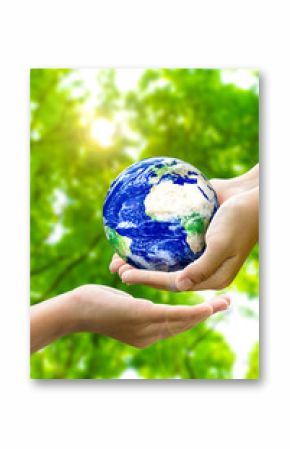 Woman hands holding world or globe give to another hand on earth day.Environment conservation and energy saving concept.Elements of this image are furnished by NASA.