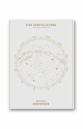 Northern hemisphere. High detailed star map of vector constellations. Astrological celestial map with symbols and signs of zodiac