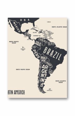 Map Latin America. Poster map of Latin America. Black and white print map of Latin America for t-shirt, poster or geographic themes. Hand-drawn graphic map with countries. Vector Illustration