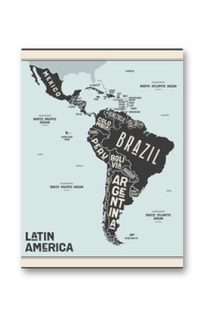 Map Latin America. Poster map of Latin America. Black and white print map of Latin America for t-shirt, poster or geographic themes. Hand-drawn graphic map with countries. Vector Illustration