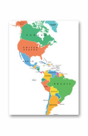 The Americas, single states, political map with national borders. Caribbean, North, Central and South America. Different colored countries with English country names. Illustration over white. Vector.