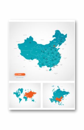 Editable template of map of China with marks. China on world map and on Asia map.