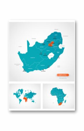 Editable template of map of South Africa with marks. South Africa on world map and on Africa map.