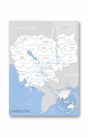 Blue-gray detailed map of Cambodia administrative divisions and location on the globe.