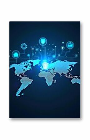 world map technology on blue background