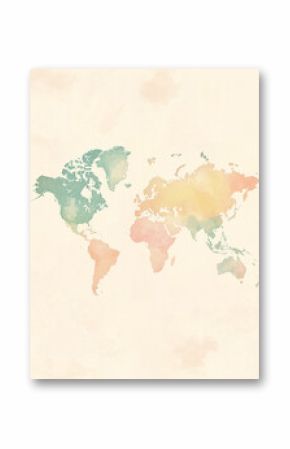 Soft watercolor world map featuring gentle colors and abstract representations of continents in a calming artistic style