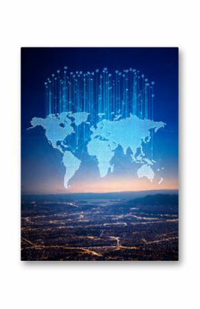 Glowing world map over a city at night, conveying global connectivity, technology,  digital networks. Perfect for concepts of data, future, and international business.