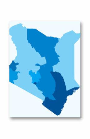 Map of Kenya with regions. A simple country border map with regional divisions. Light blue color palette. Flat Republic of Kenya shape with administrative division. Vector illustration.