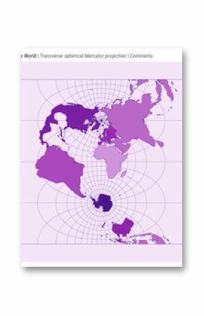 World Map. Transverse spherical Mercator projection. Continents style. High Detail World map for infographics, education, reports, presentations. Vector illustration.