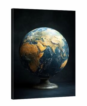 Vintage terrestrial globe on dark background. Detailed textured world map. Antique geography educational object.