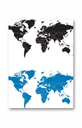 Two contrasting world maps, black and blue, for global content.