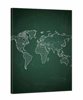 A vibrant chalk drawing of the world map on a blackboard, showcasing colorful continents and oceans, with intricate details and artistic flair.