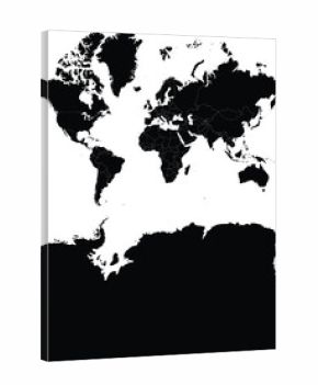 black silhouette world map with russia split and antarctica included, borders on white background