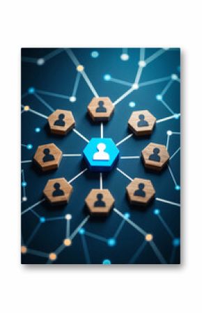 Flatlay showing network structure with central blue hexagon icon representing leader surrounded by wooden business icons, symbolizing teamwork, communication, and employee organization mapping