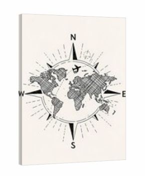 World Map Compass A Hand-Drawn Illustration of Global Exploration and Adventure
