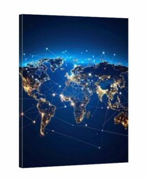 Global network map. Night view of Earth with illuminated cities connected by digital lines