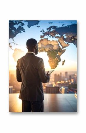 Global business leader overlooking world map