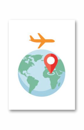 Global travel destination marked on a world map with an airplane overhead.