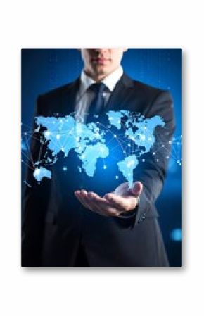 A businessman presents a glowing, networked world map in his hand