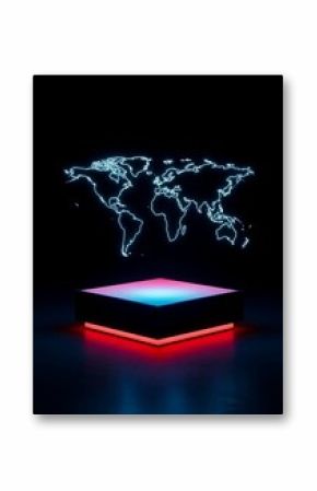 Neon world map glowing above illuminated platform image