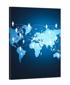 Global network visualized with a world map and interconnected figures