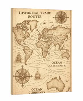 Vintage world map illustration featuring ocean currents and trade routes in sepia tones for educational travel content