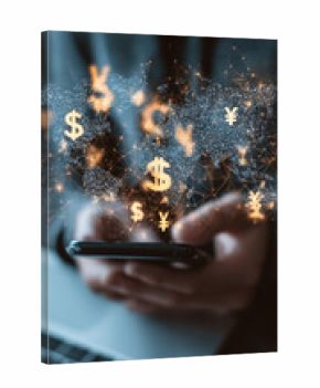 Hands holding phone displaying global currency symbols over world map image