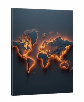 A dark gray, textured world map relief is subtly illuminated from beneath with a warm, orange glow, creating a dramatic, three-dimensional effect against a muted gray background