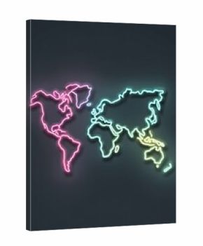 A stylized neon world map in pink, teal, and yellow hues on a dark grey background, depicting continents in outline form