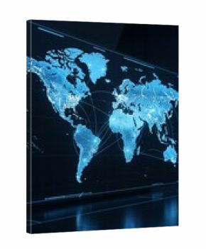 Illuminated World Map Displaying Global Connections and Data Flow in a Futuristic Style