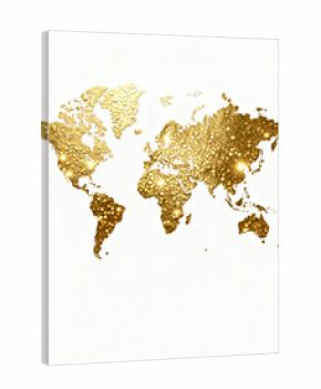 A World Map Made of Golden Sequins with Light Flares on a White Background