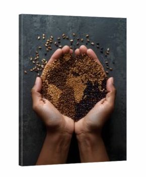 Hands holding mixed seeds arranged in the shape of a world map on dark background, symbolizing global sustainability, biodiversity, agriculture, and connection between humanity and nature in eco conce